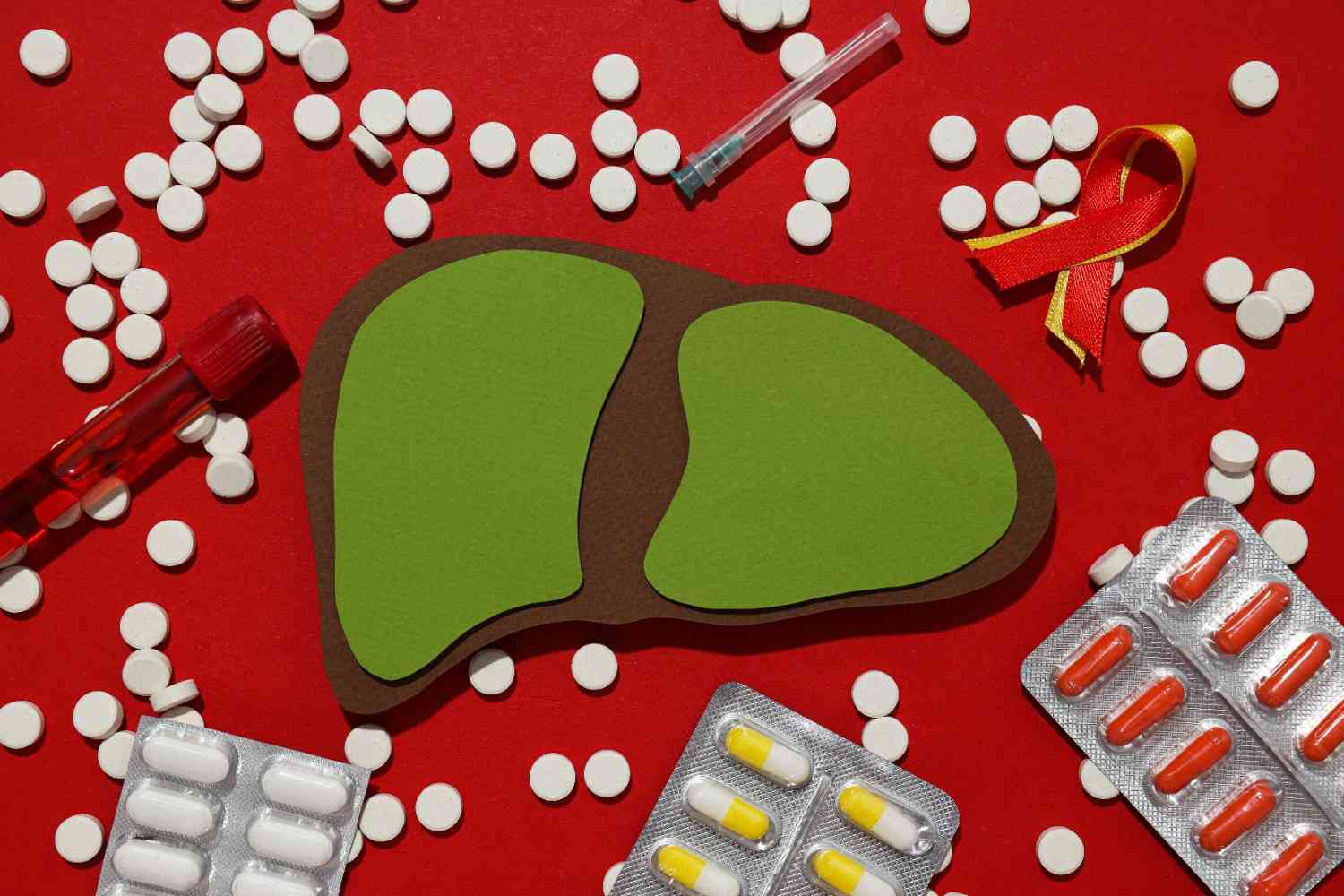Liver model and medical tablet on red background depicting hepatitis A and B examination