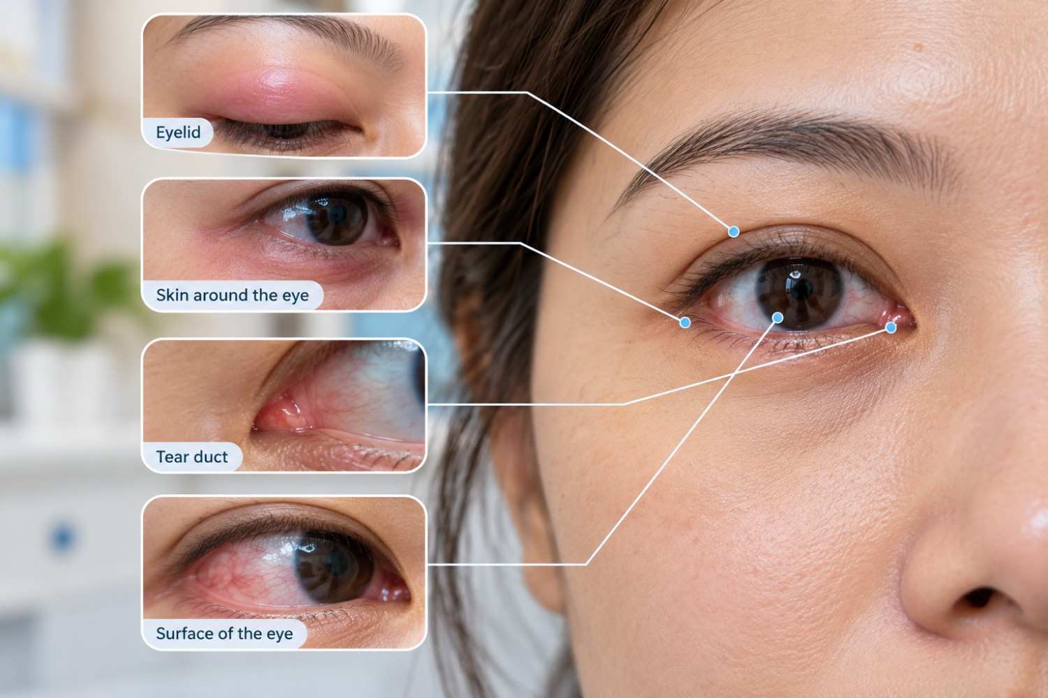 Person with swollen eye conditions showing puffy, red eyelids